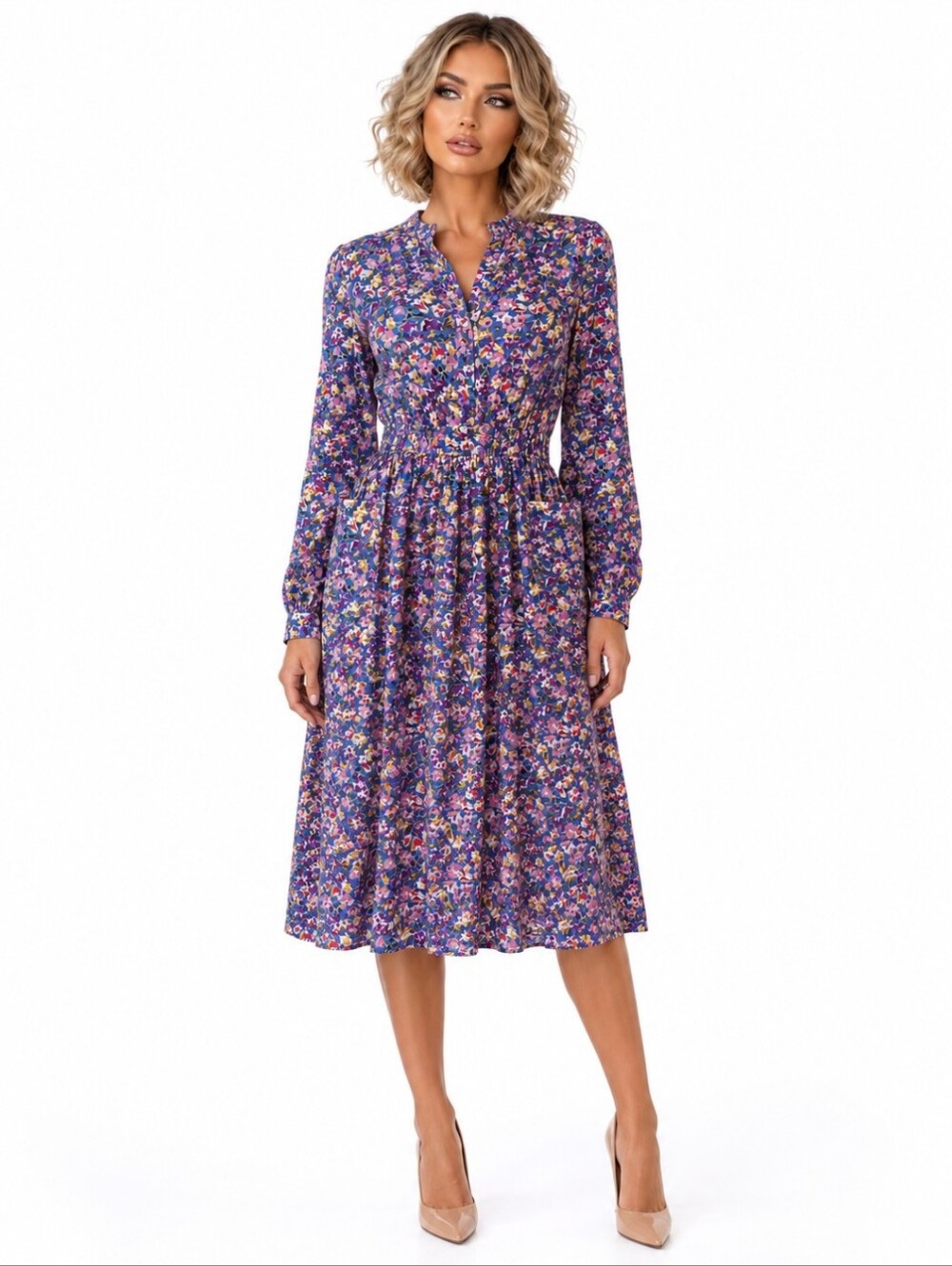 Rouie | Vintage Floral Midi with Pockets Pink Purple Button Front Dress